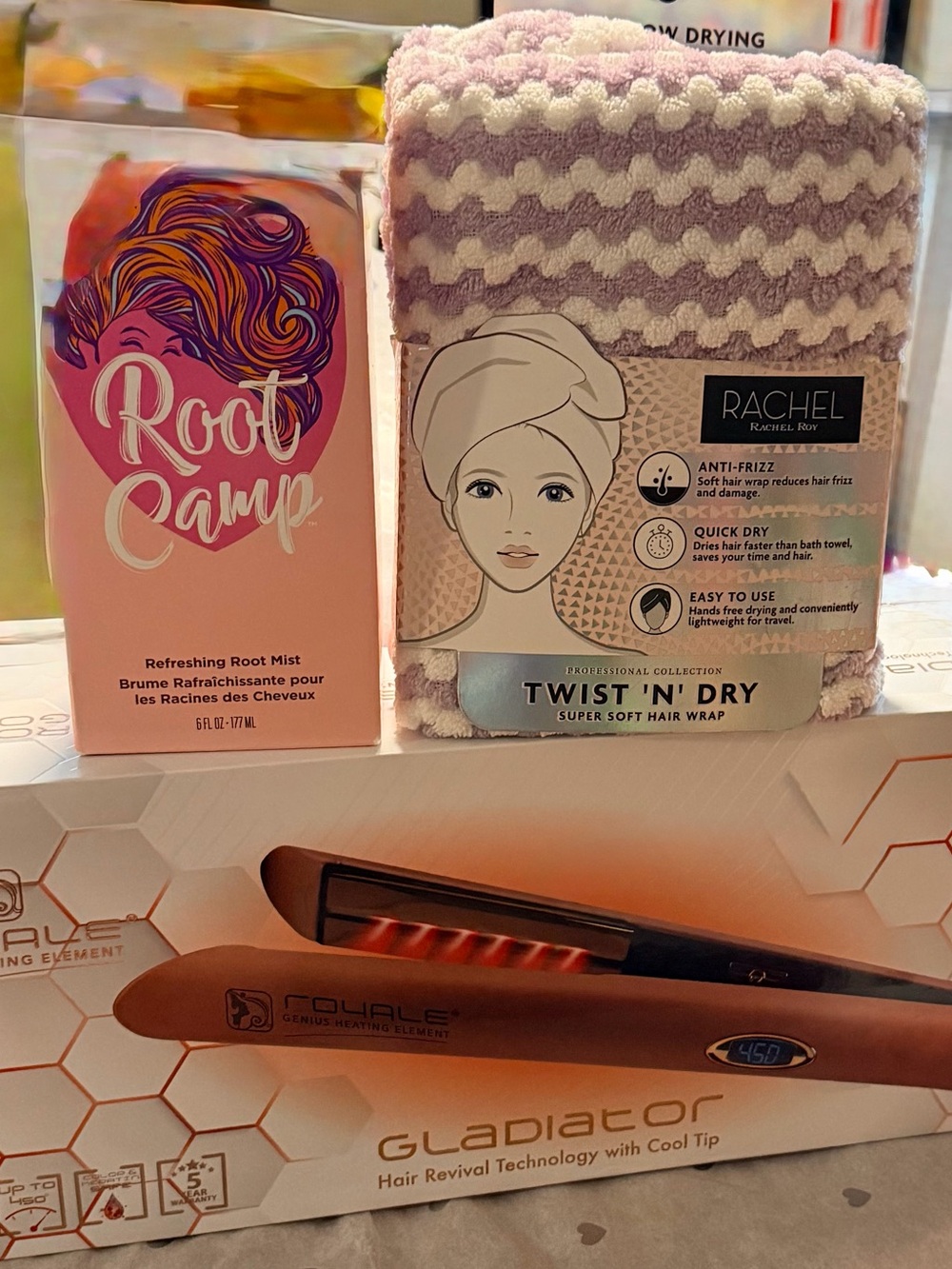 Royale Straightener, Rachel Hair Towel Posh Root Camp NWT Bundle S8
